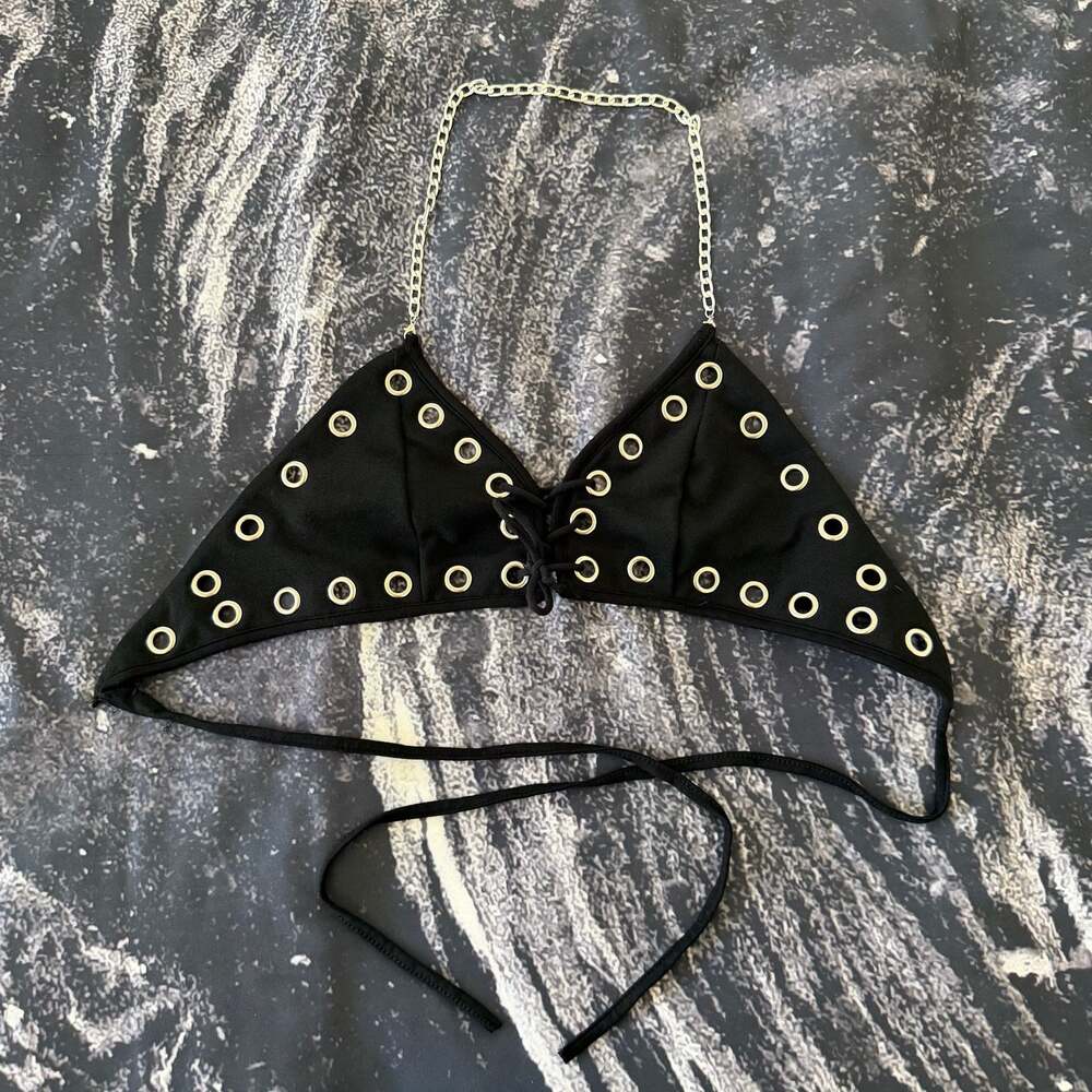ROMWE Black Grommet Eyelet Lace-Up Chain Halter Bikini Top